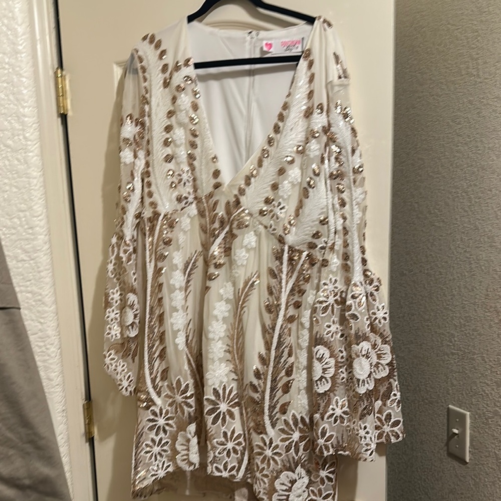 Elegant White and Brown Embroidered Dress